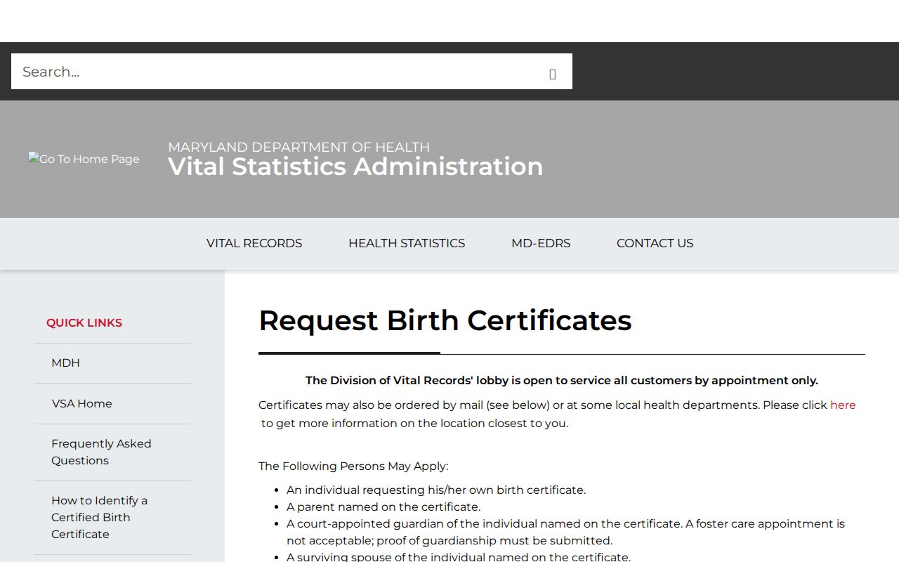 Middle River people search birth record application information