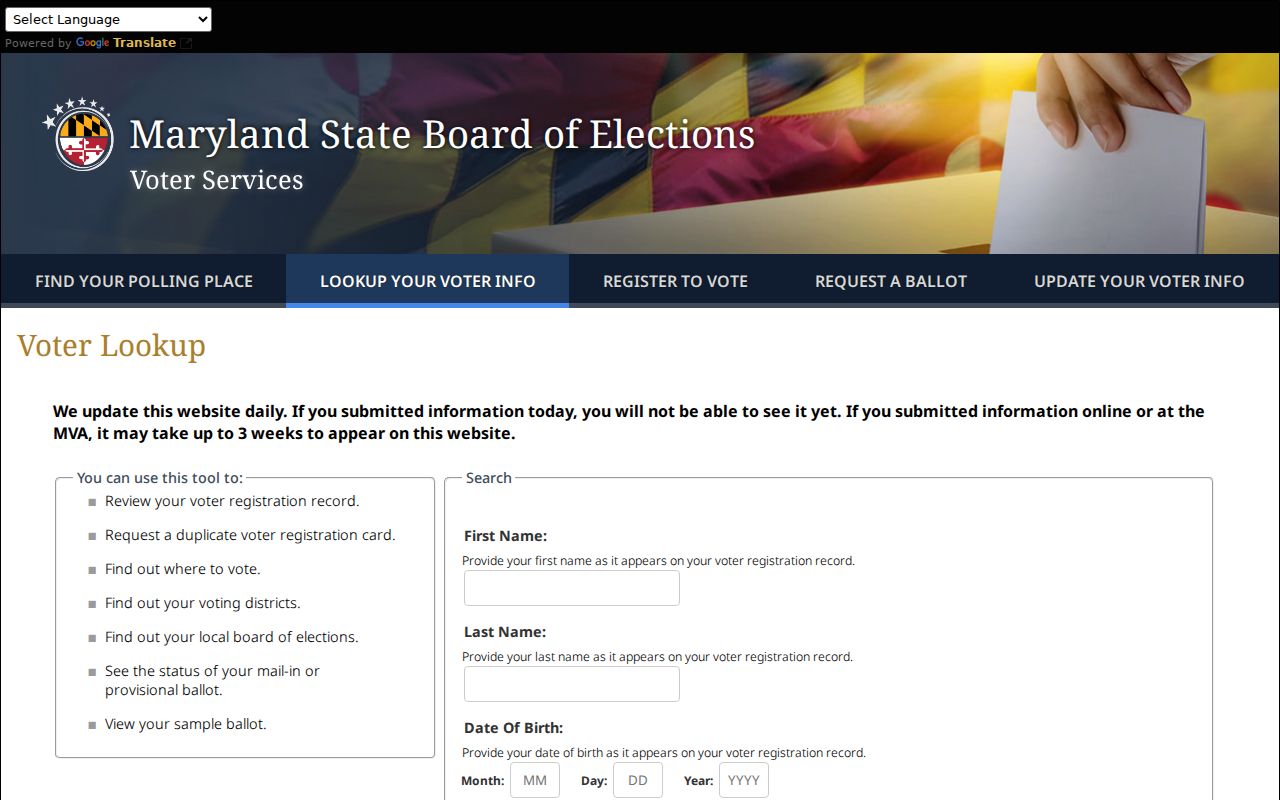 Middle River voter registration lookup fields in Maryland Voter Lookup